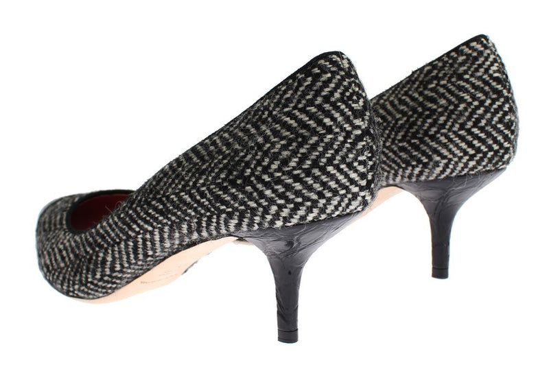 Gray Tweed Black Crocodile Pumps Shoes