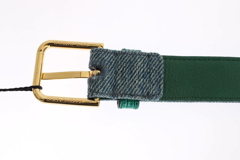 Blue Denim Snakeskin Gold Buckle Logo Belt