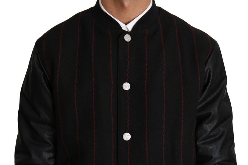 Black Red Striped Bomber Button Coat