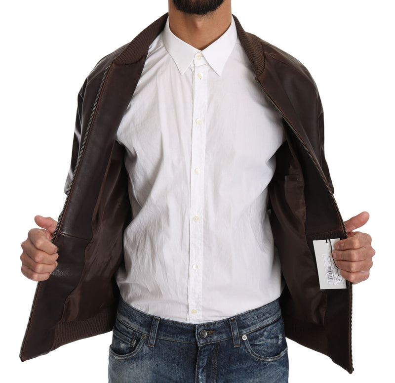 Brown Leather Bomber Zipper Mens Marrone Jacket