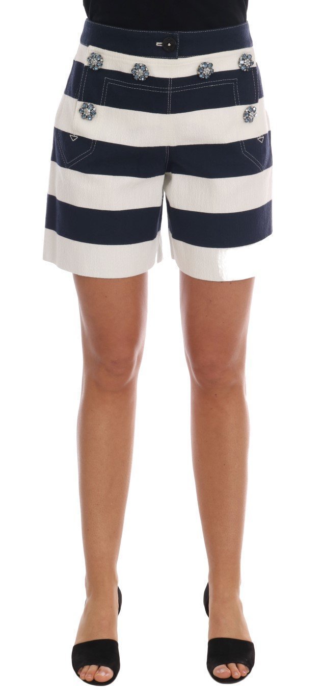 White Blue Striped Crystal Shorts