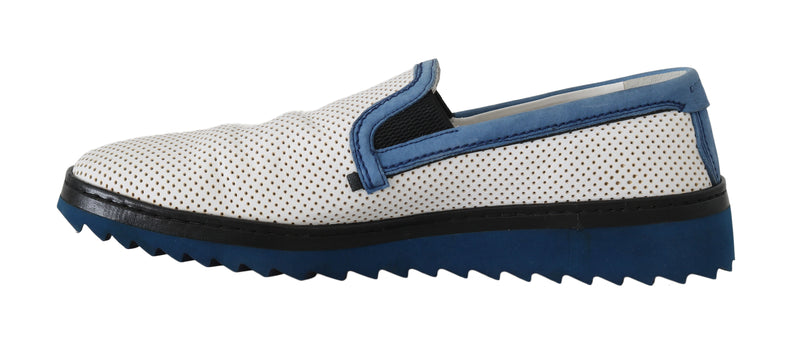 White Blue Leather Perforated Loafers