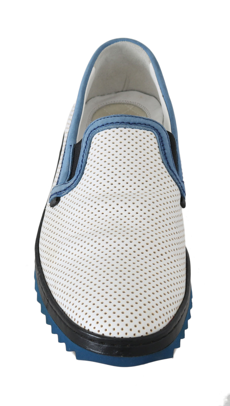 White Blue Leather Perforated Loafers