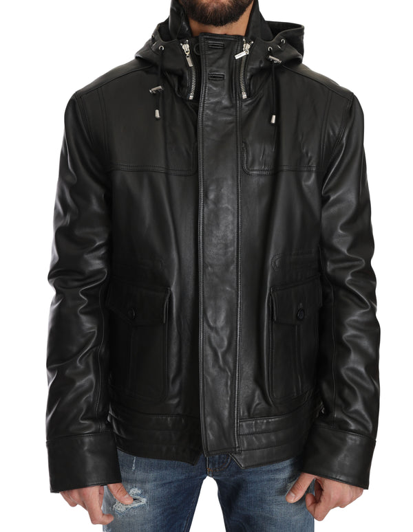 Black Leather Hooded Zipper Mens Giubbotto Jacket