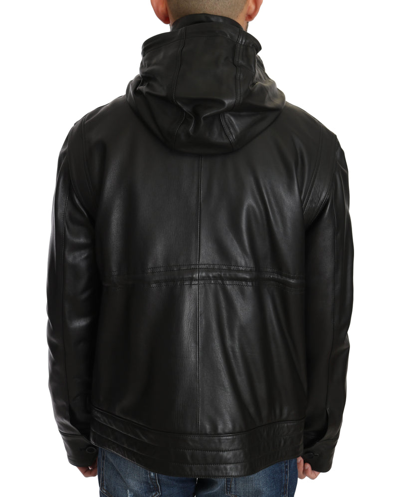 Black Leather Hooded Zipper Mens Giubbotto Jacket