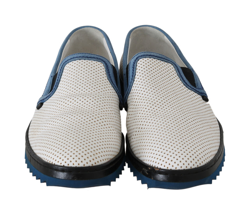 White Blue Leather Perforated Loafers