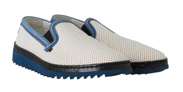 White Blue Leather Perforated Loafers