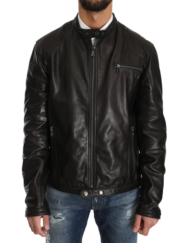 Black Leather Biker Zipper Motorcycle Mens Jacket