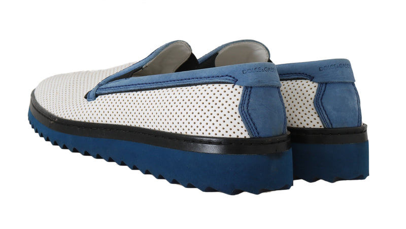 White Blue Leather Perforated Loafers