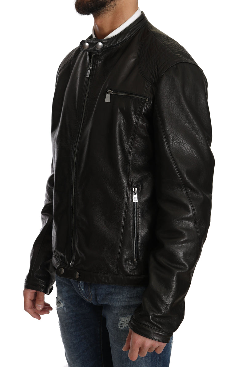 Black Leather Biker Zipper Motorcycle Mens Jacket