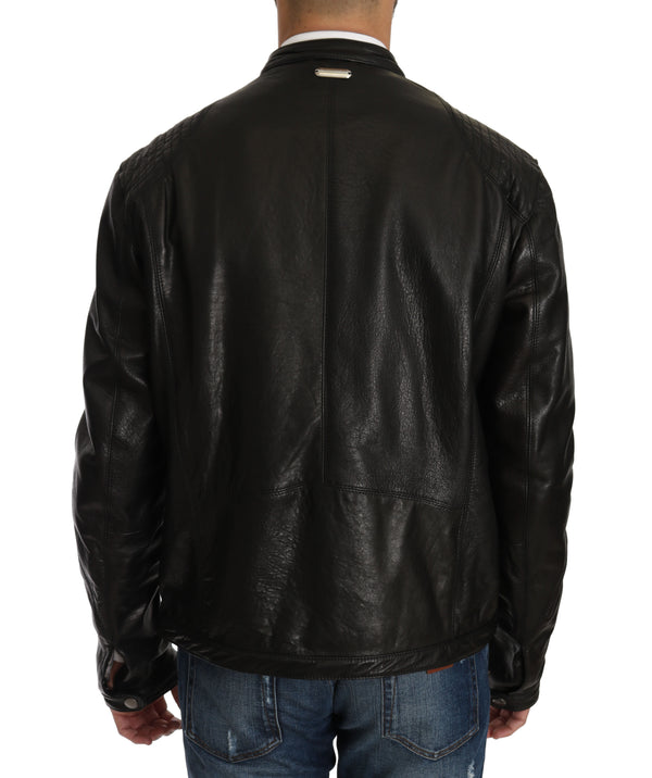 Black Leather Biker Zipper Motorcycle Mens Jacket