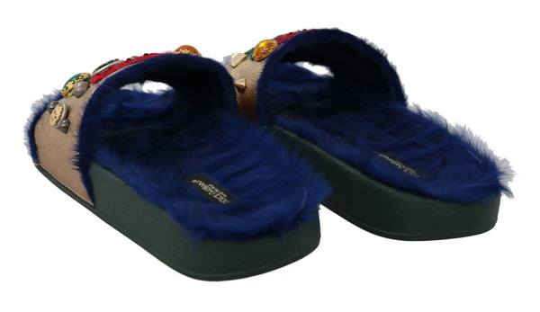 Gold Blue Leather Xiangao Fur Slides