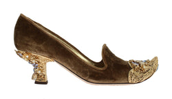 Beige Velvet Gold Crystal Pumps