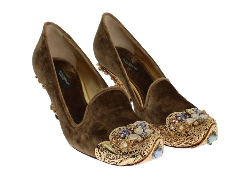 Beige Velvet Gold Crystal Pumps