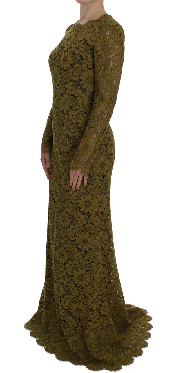 Olive Green Floral Lace Ricamo Maxi Dress