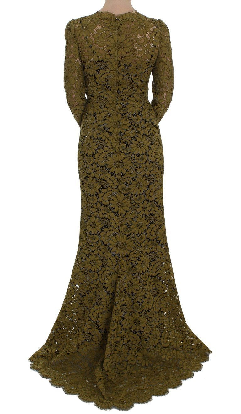 Olive Green Floral Lace Ricamo Maxi Dress