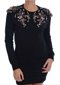 Black Cotton Crystal Crewneck Sweater