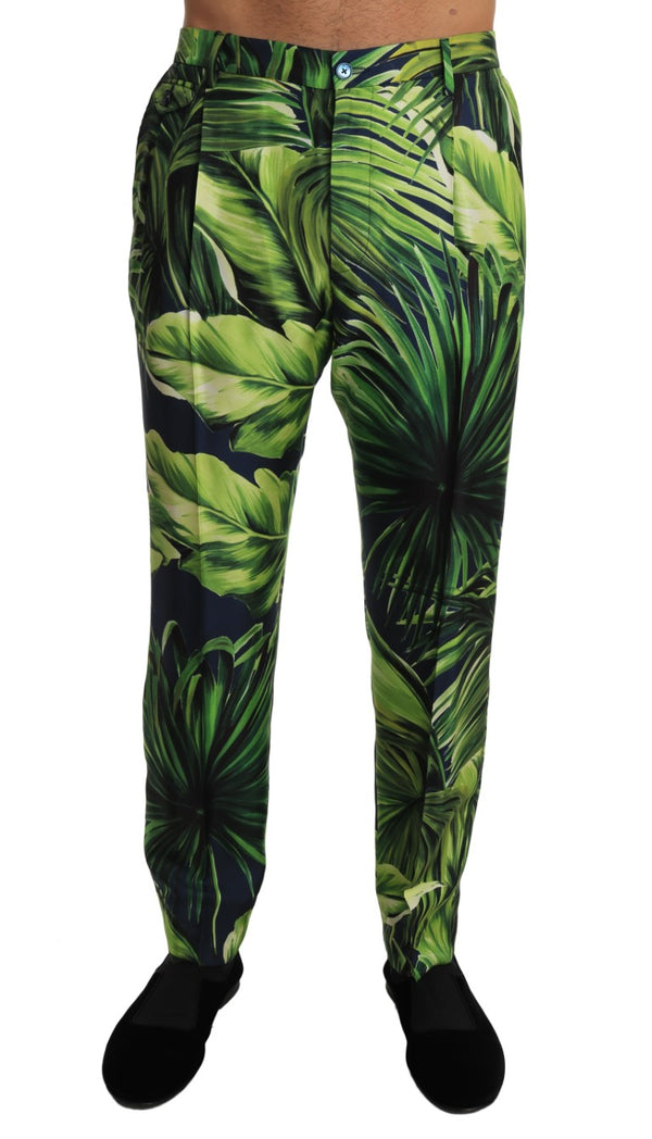 Green Leaves Silk Slim Trousers Pants