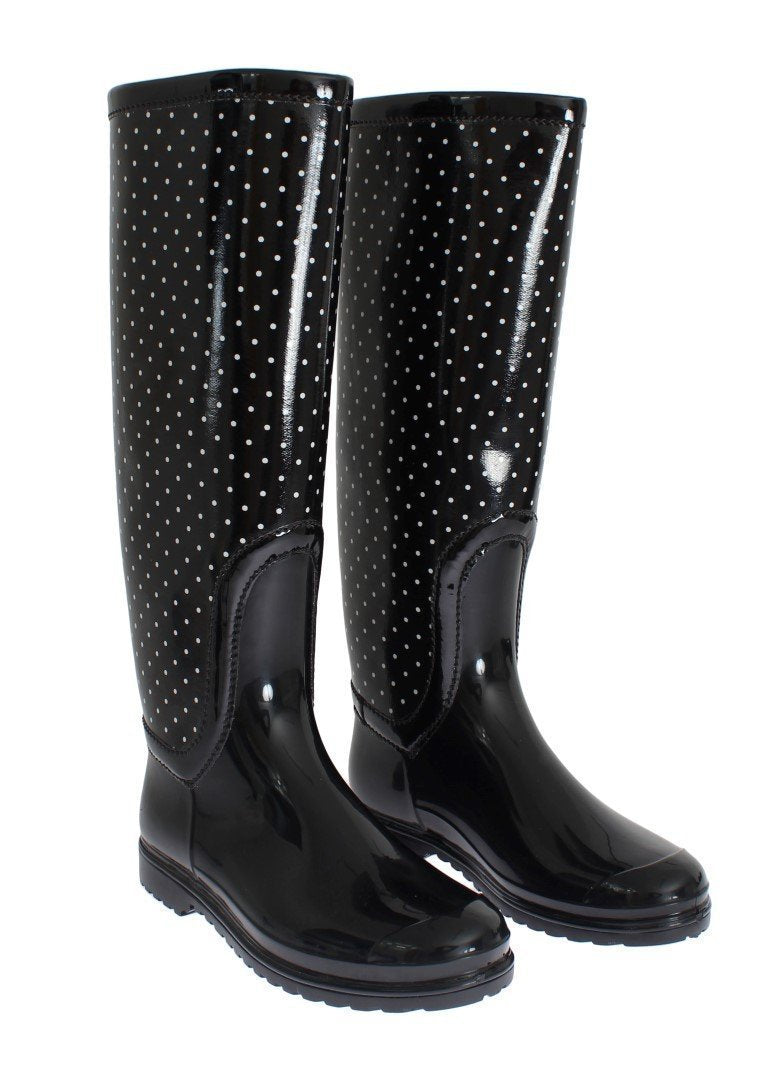 Women's Black Polka Dot Rubber Rain Boots