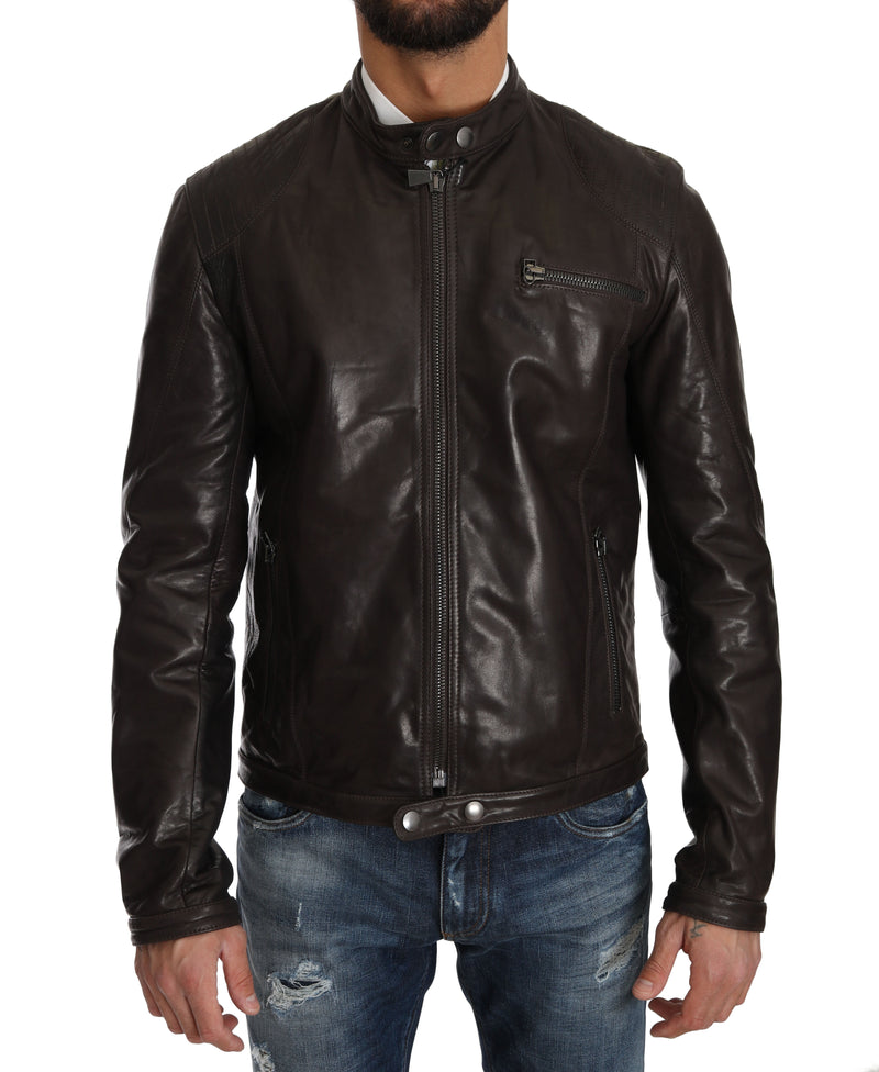 Brown Leather Biker Zipper Marrone Mens Jacket