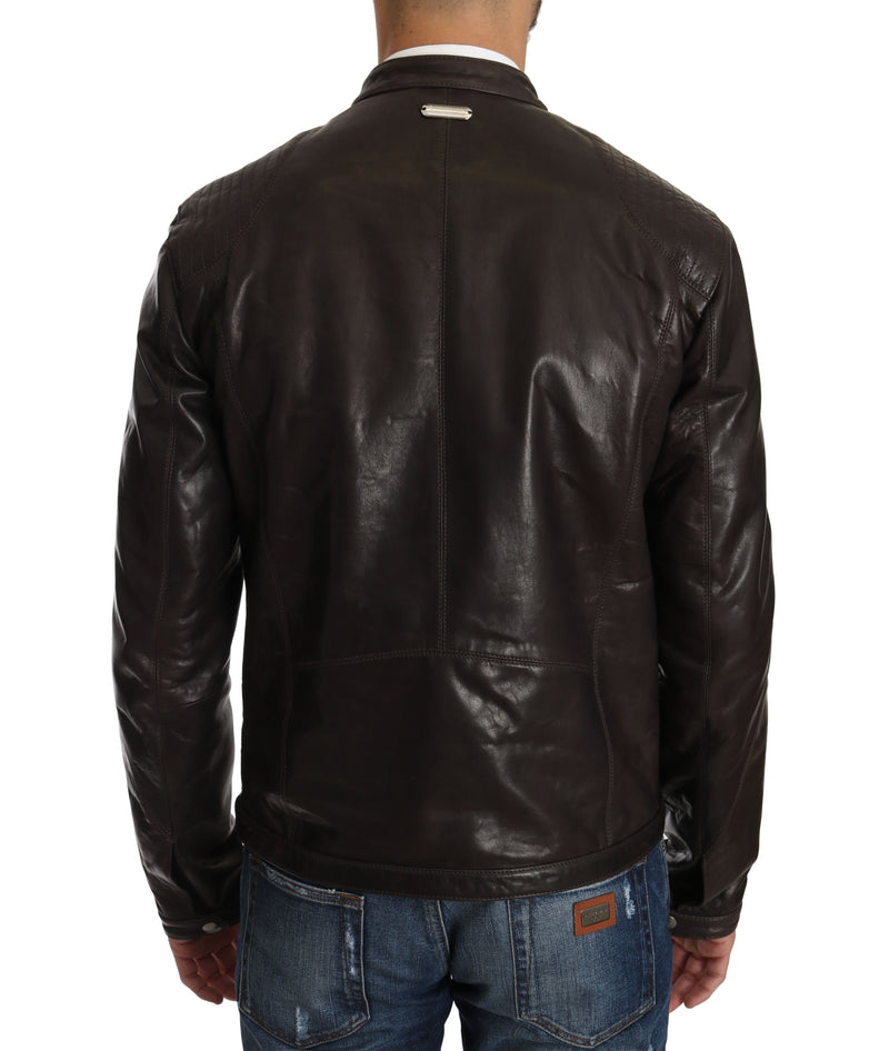 Brown Leather Biker Zipper Marrone Mens Jacket