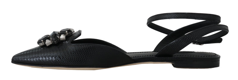 Black Leather Iguana Crystal Sandals