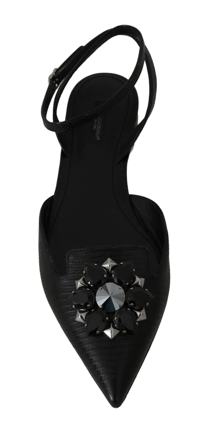 Black Leather Iguana Crystal Sandals