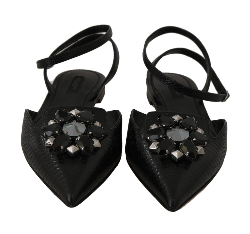 Black Leather Iguana Crystal Sandals