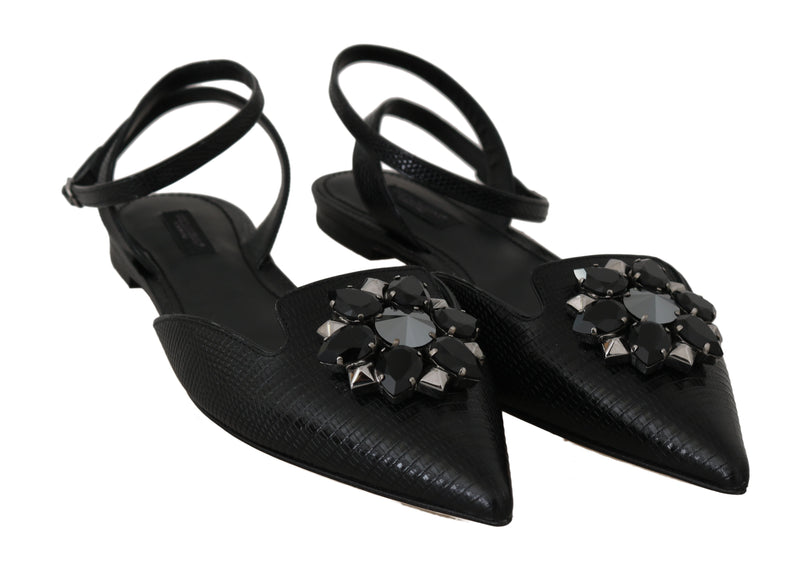 Black Leather Iguana Crystal Sandals