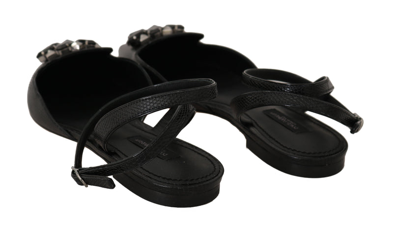 Black Leather Iguana Crystal Sandals