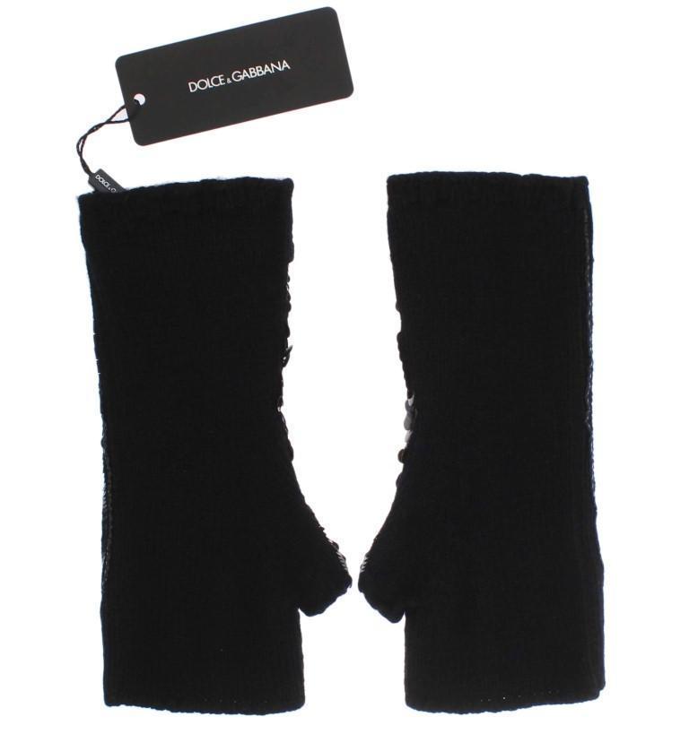 Black Knitted Cashmere Sequined Gloves