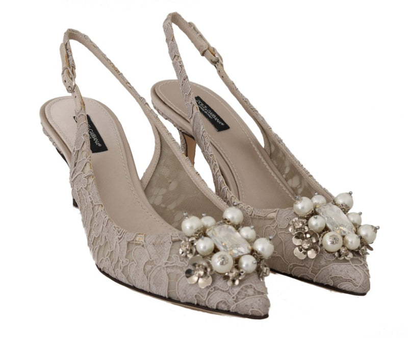 Beige Taormina Lace Crystal Slingbacks Shoes