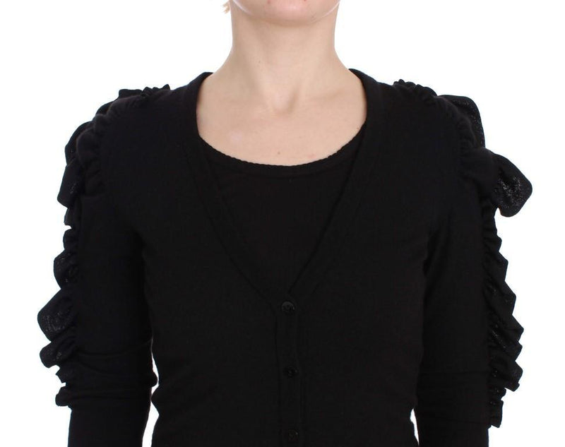 Black Cashmere Blend Ruffled Cardigan Sweater