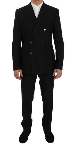 Black Wool Double Breasted 3 Piece Slim Suit