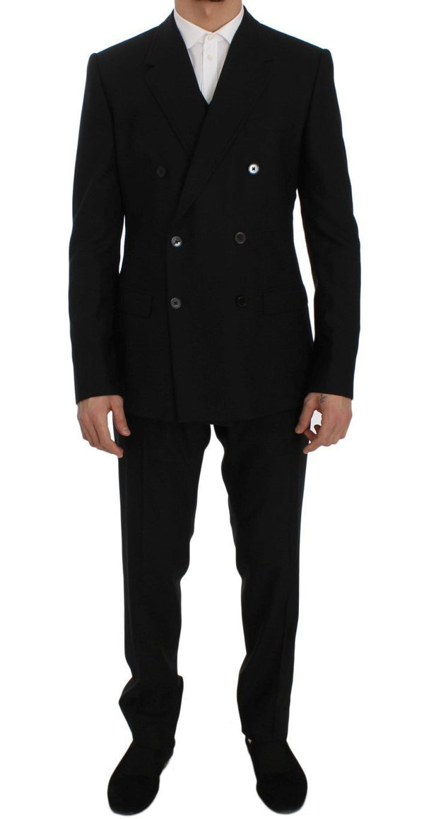 Black Wool Double Breasted 3 Piece Slim Suit