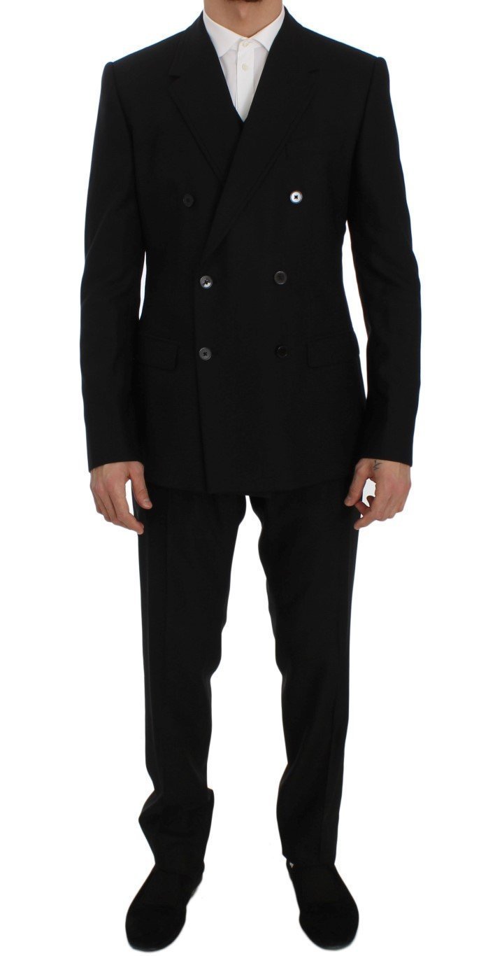Black Wool Double Breasted 3 Piece Slim Suit