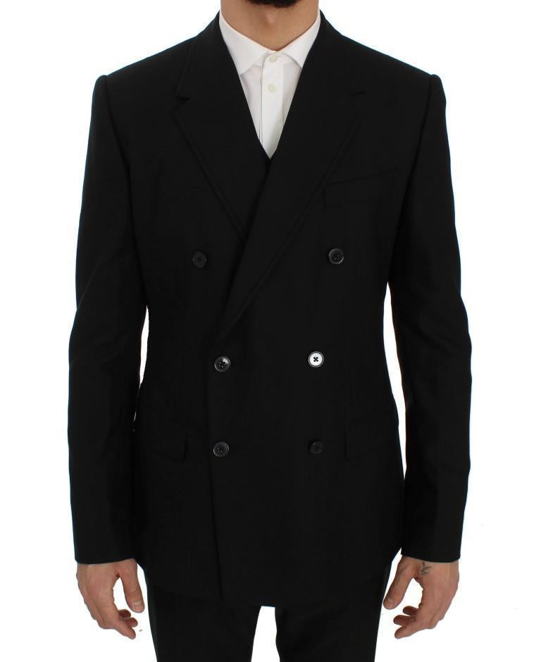 Black Wool Double Breasted 3 Piece Slim Suit