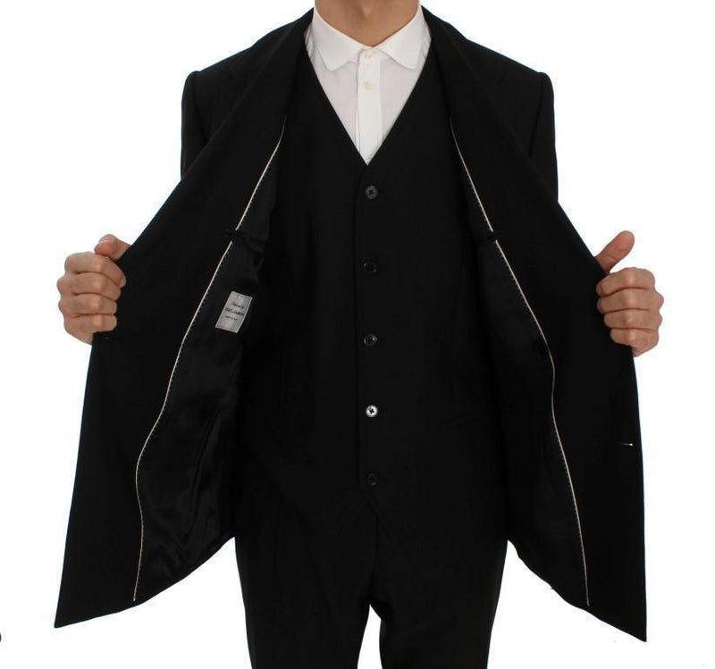 Black Wool Double Breasted 3 Piece Slim Suit