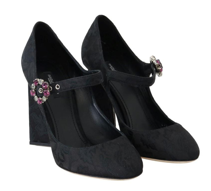 Black Brocade Crystal Mary Janes Shoes