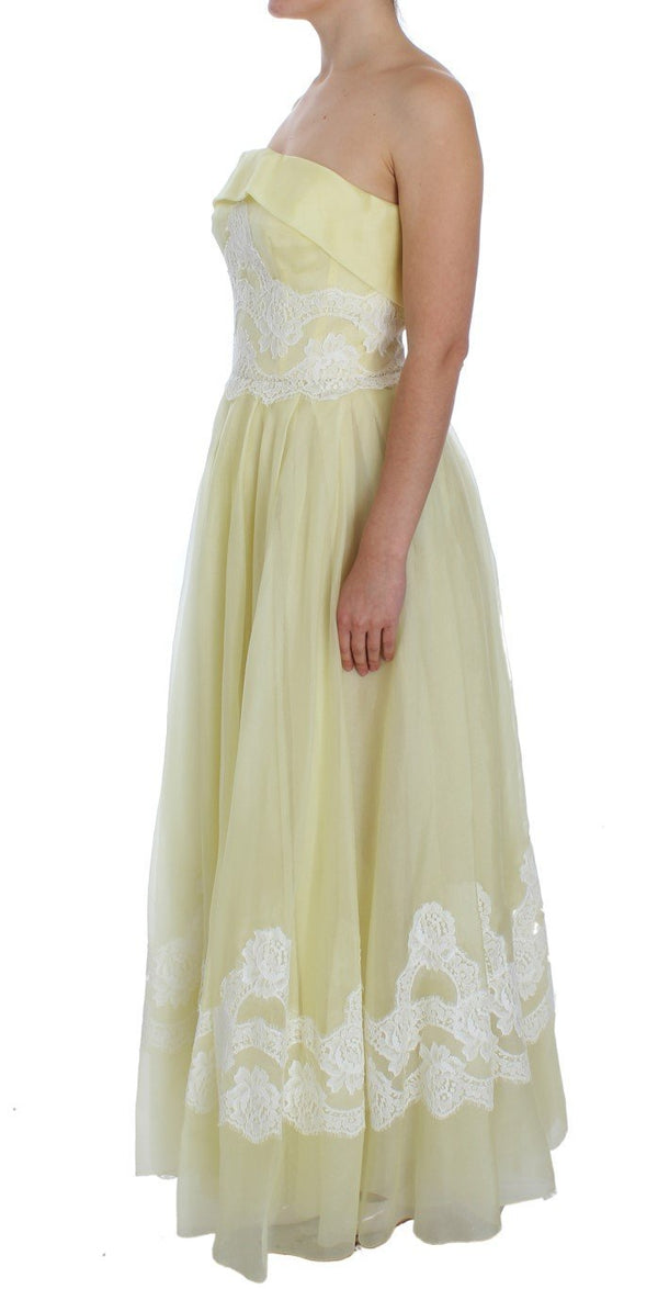 Yellow White Lace Silk Maxi Gown Dress
