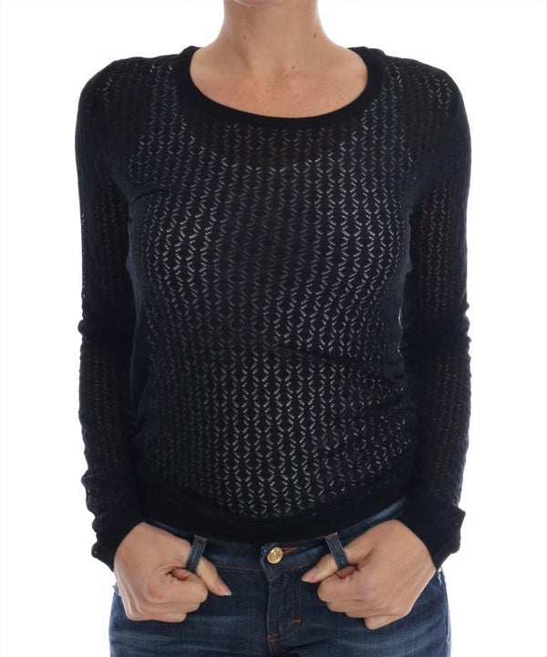 Black Silk Crewneck Pullover Sweater