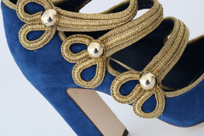 Blue Suede Gold Baroque Mary Janes Shoes