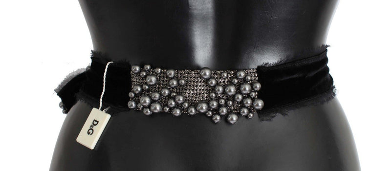 Gray Pearl Black Bow Velvet Waist Belt