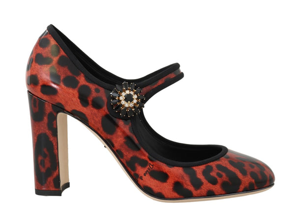 Red Leopard Leather Crystal Mary Janes Shoes
