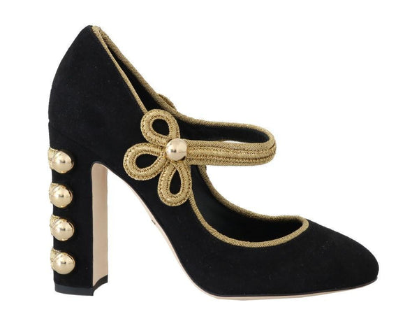 Black Suede Gold Baroque Mary Janes Shoes