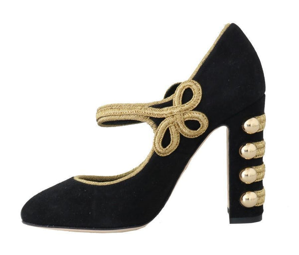 Black Suede Gold Baroque Mary Janes Shoes