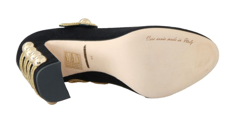 Black Suede Gold Baroque Mary Janes Shoes