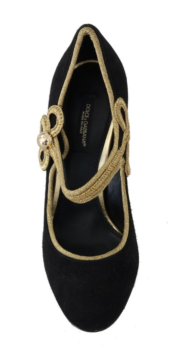 Black Suede Gold Baroque Mary Janes Shoes