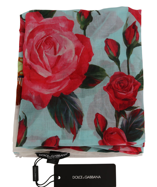 Blue Red Roses Cotton Shawl Wrap Scarf