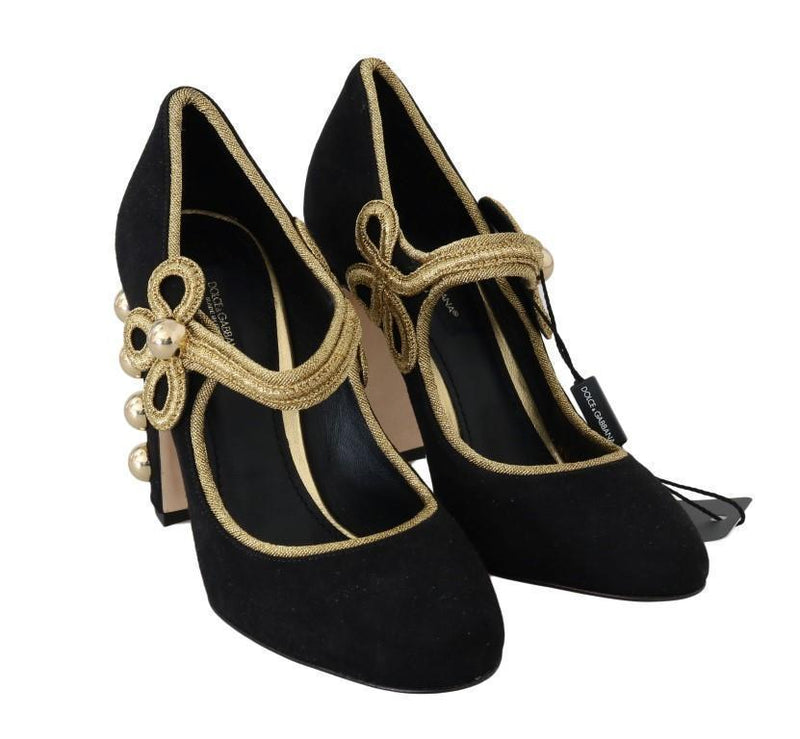 Black Suede Gold Baroque Mary Janes Shoes